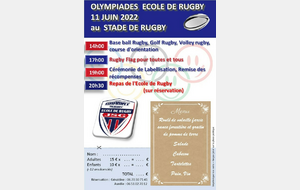 OLYMPIADES ECOLE DE RUGBY : 11 JUIN au stade de Rugby