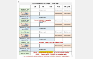 Assemblée Générale et planning juin 2023 de l'Ecole de Rugby