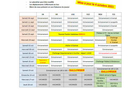 calendrier Ecole de Rugby