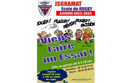 Reprise à l'Ecole de Rugby : samedi 26 aout à 10h00